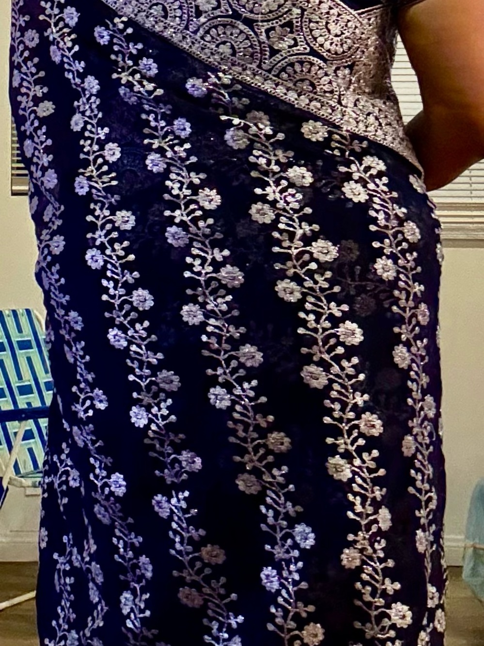Women's Navy Blue Floral Embroidered Bollywood Scree with a designer blouse!